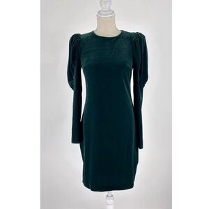 Express Puff Long-Sleeve Velvet Mini Dress in Deep Green Small